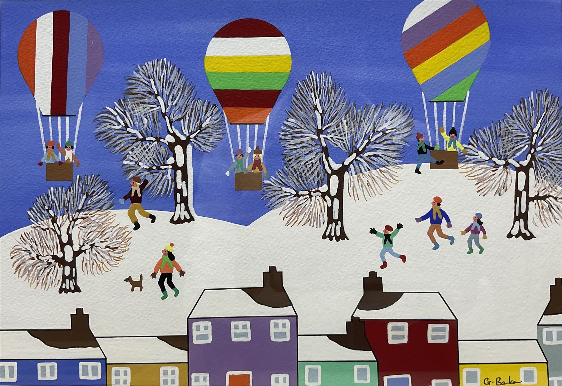 Gordon Barker (British 1960-): Hot Air Balloons in Winter, acrylic on paper signed 24cm x 34cm