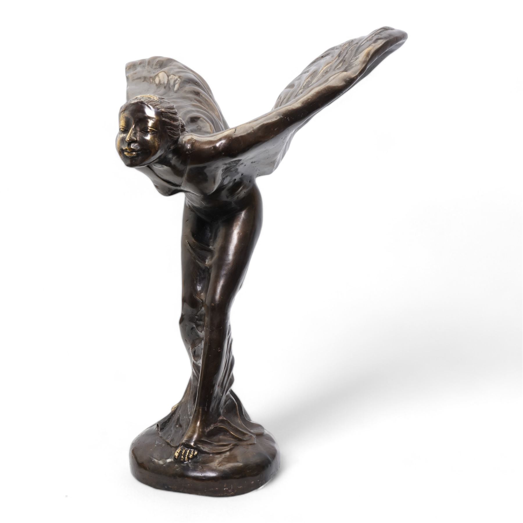 After Charles Sykes (1875-1950): 20th century hollow cast patinated bronze model depicting the 'Spirit of Ecstasy' H56cm x W53cm 