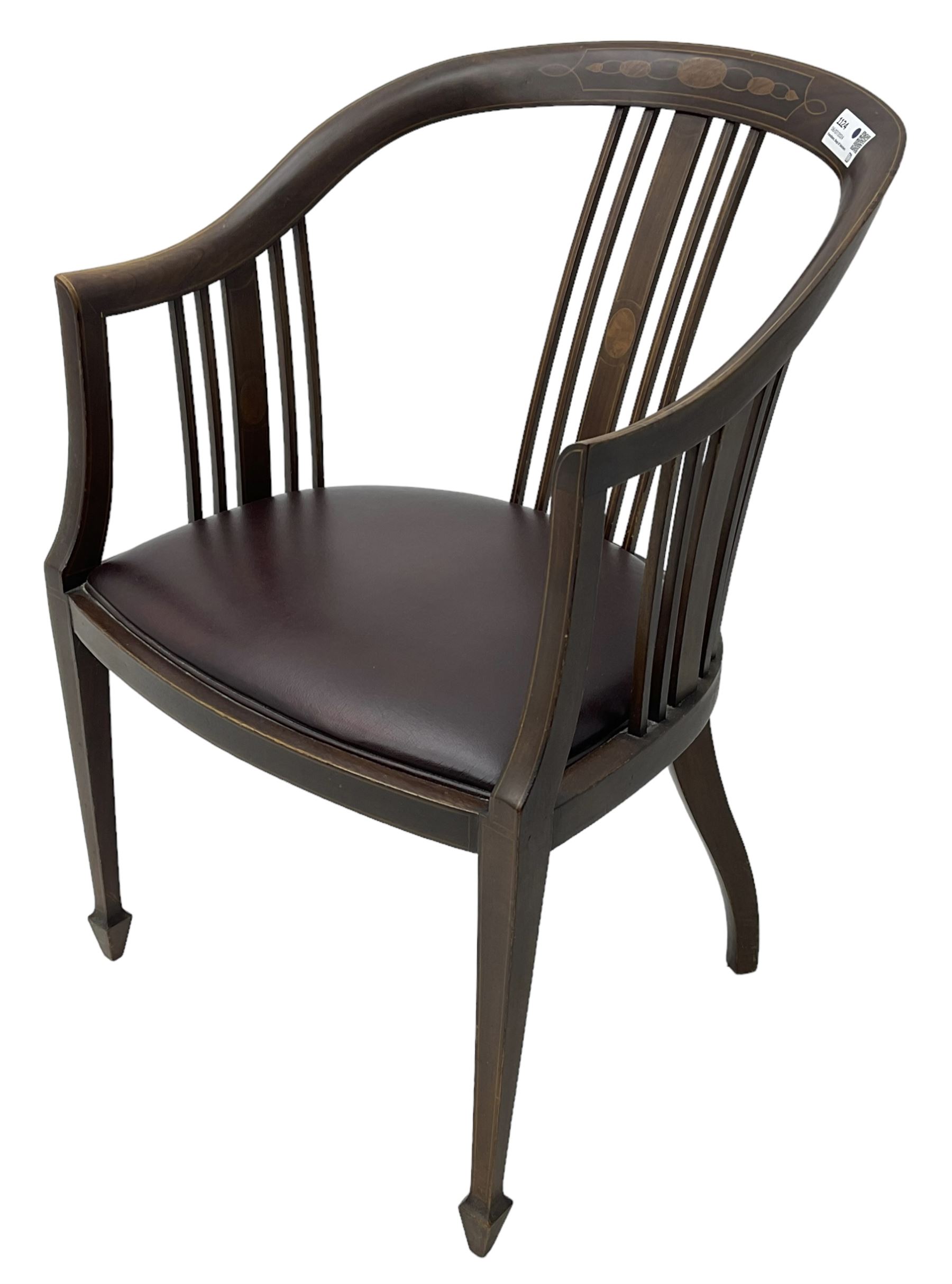 Edwardian inlaid mahogany desk chair, curved back inlaid with panel decorated with overlapping oval motifs, upholstered seat, on square tapering supports with spade feet