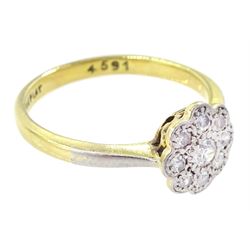 Early - mid 20th century milgrain set transitional cut diamond daisy cluster ring, stamped 18ct Fine Plat, total diamond weight approx 0.25 carat