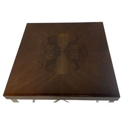 Malerba - pair of Italian burr walnut and chrome lamp tables, square top with central circular inlaid panel, raised on chrome square supports united by stretchers, retailed by Harrods