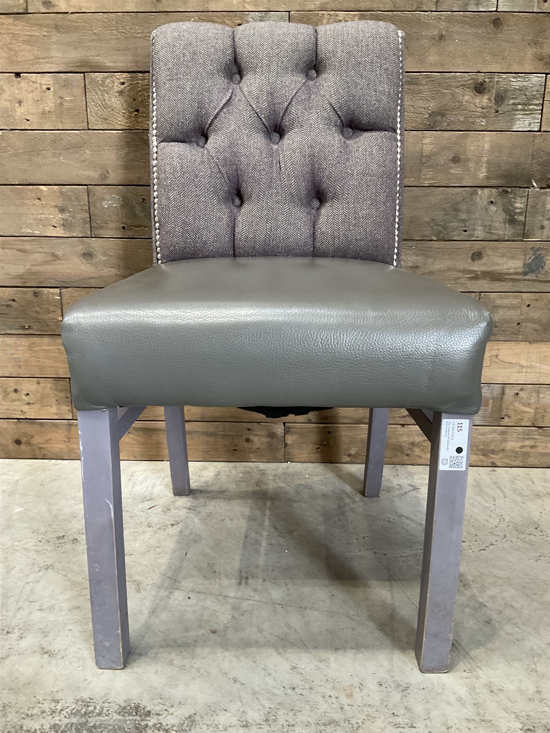 19 x dining chair upholstered in studded and buttoned tweed, painted leg