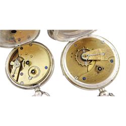 Two silver open face key wound lever pocket watches, one by American Watch Company,  case by Dennison, the other by H.Samuel, white enamel dials with Roman numerals and subsidiary seconds dial and a silver Albert chain with silver cycling fob