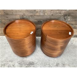 Pair of walnut circular barrel shaped lamp tables, fitted with single drawer