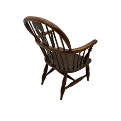 19th century elm and ash Windsor armchair, double hoop and stick back with shaped and pierced splat, on turned supports united by swell-turned H-stretchers (W60cm, H108cm); 19th century elm and yew wood Windsor chair (W57cm) (2)