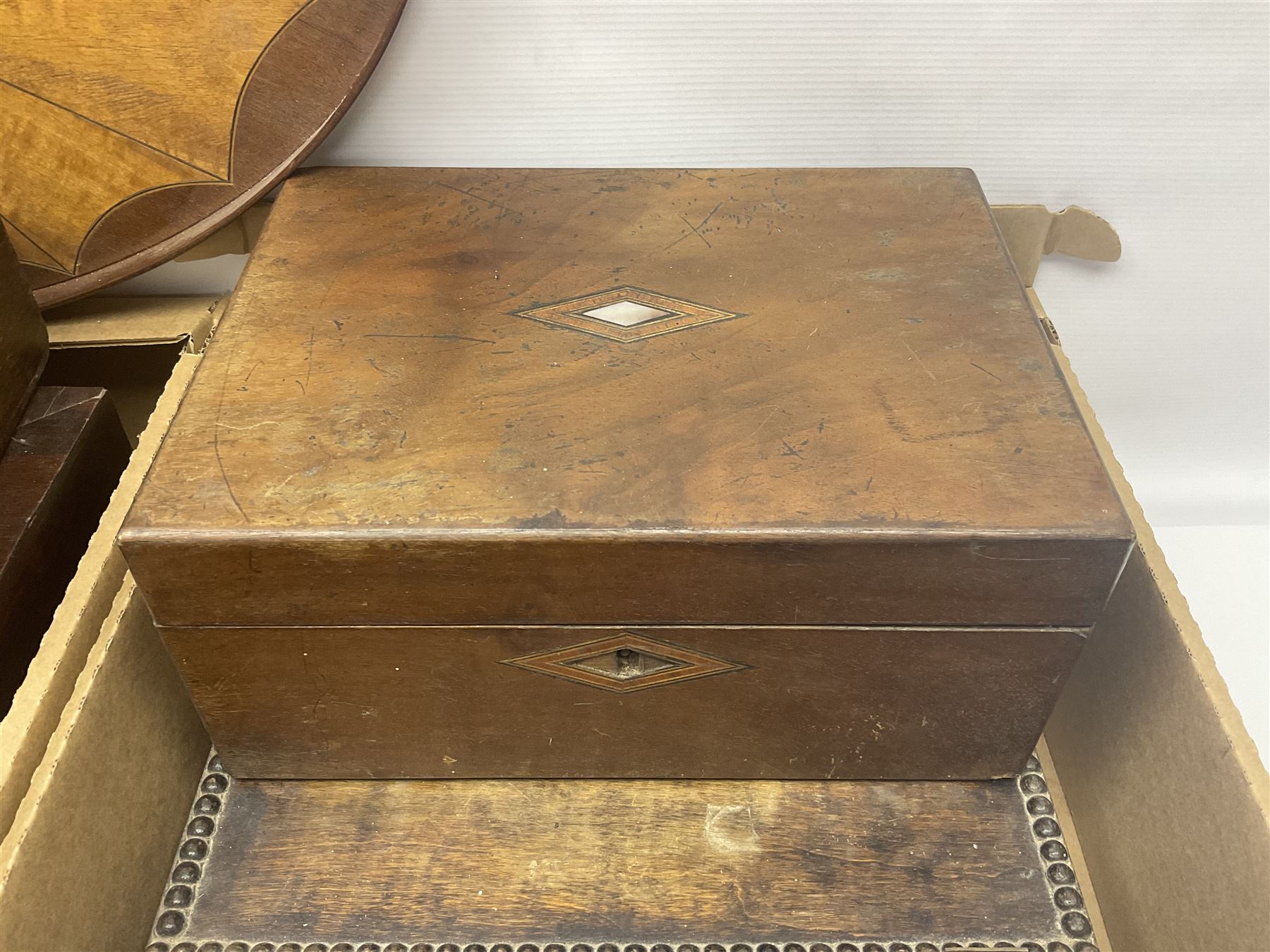 Wooden boxes, writing slopes and a tray for restoration