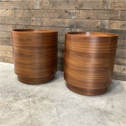 Pair of walnut circular barrel shaped lamp tables, fitted with single drawer