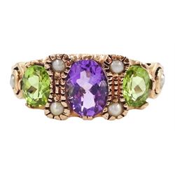 9ct rose gold three stone oval cut peridot and amethyst ring, with pearl accents set between and pearl set shoulders, London 2011