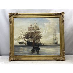 Continental School (Mid 20th Century) Ships at Full Sail, three oils by different hands signed F Daniels, Ambrose and M Unger together with an indistinctly signed impressionist landscape max 59cm x 90cm (4)