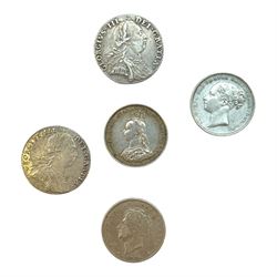 Five silver one shilling coins, comprising two George III 1787, George IV 1826, Queen Vict...