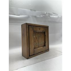 Oak collection box, the painted lettering 'weekly offerings' to the hinged front, with key, H31cm