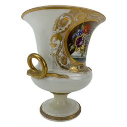 Early 19th century Derby vase, of campana urn form, decorated to one side with a hand painted reserve of a basket of flowers, within a scroll gilt border and twin serpent form handles, H20.5cm together with a Bloor Derby vase, hand painted with figures in a wooded landscape, with twin gilt swan form handles, upon a square pedestal foot, H25cm (2)