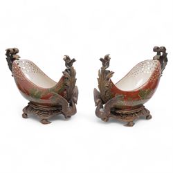 Pair of Continental ceramic and patinated metal table centre pieces, possibly by Castilian...