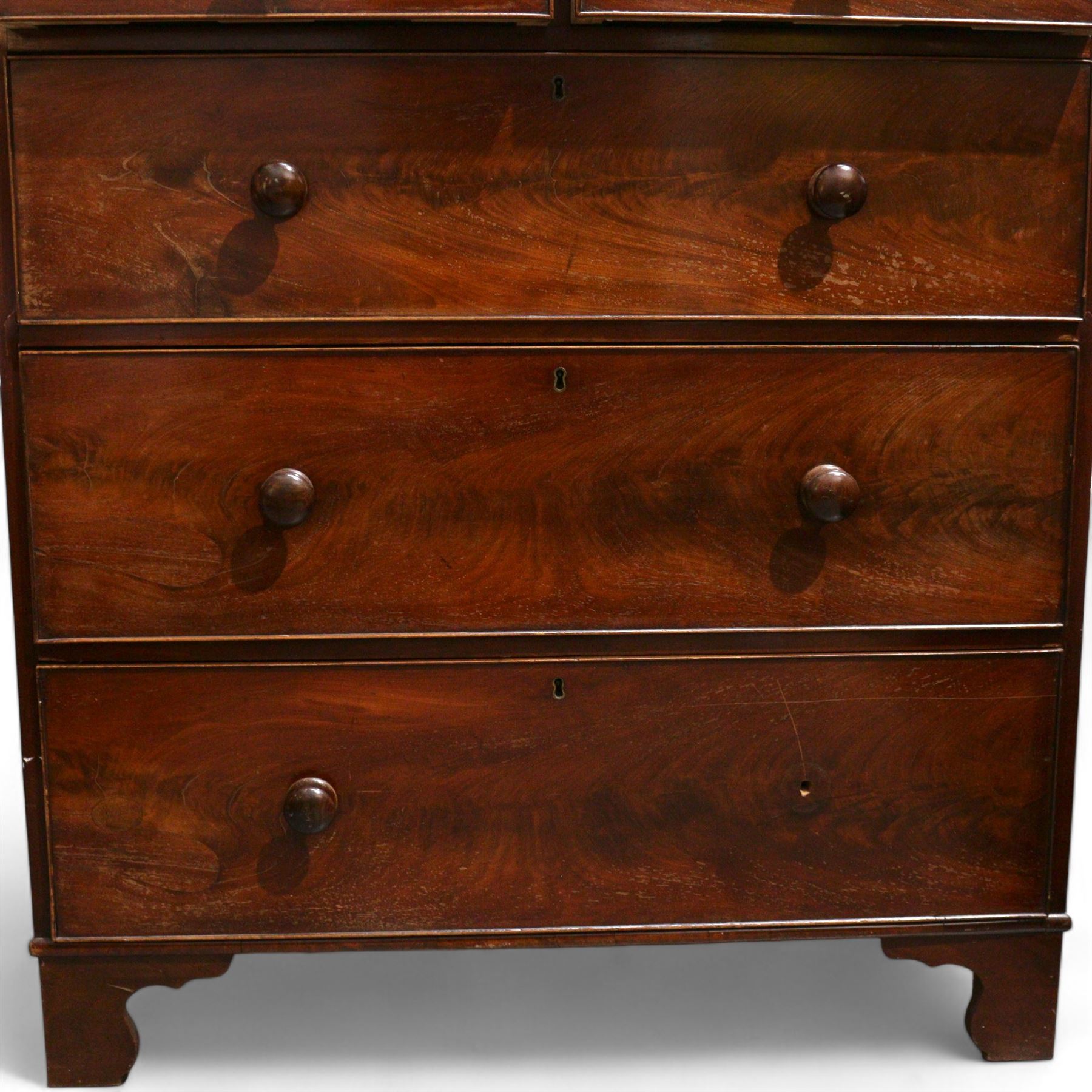 19th century mahogany chest, rectangular moulded top, fitted with two short over three long graduating cock-beaded drawers, on bracket feet