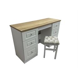 Oak and white finish twin pedestal dressing table or desk, fitted with six drawers and with stool