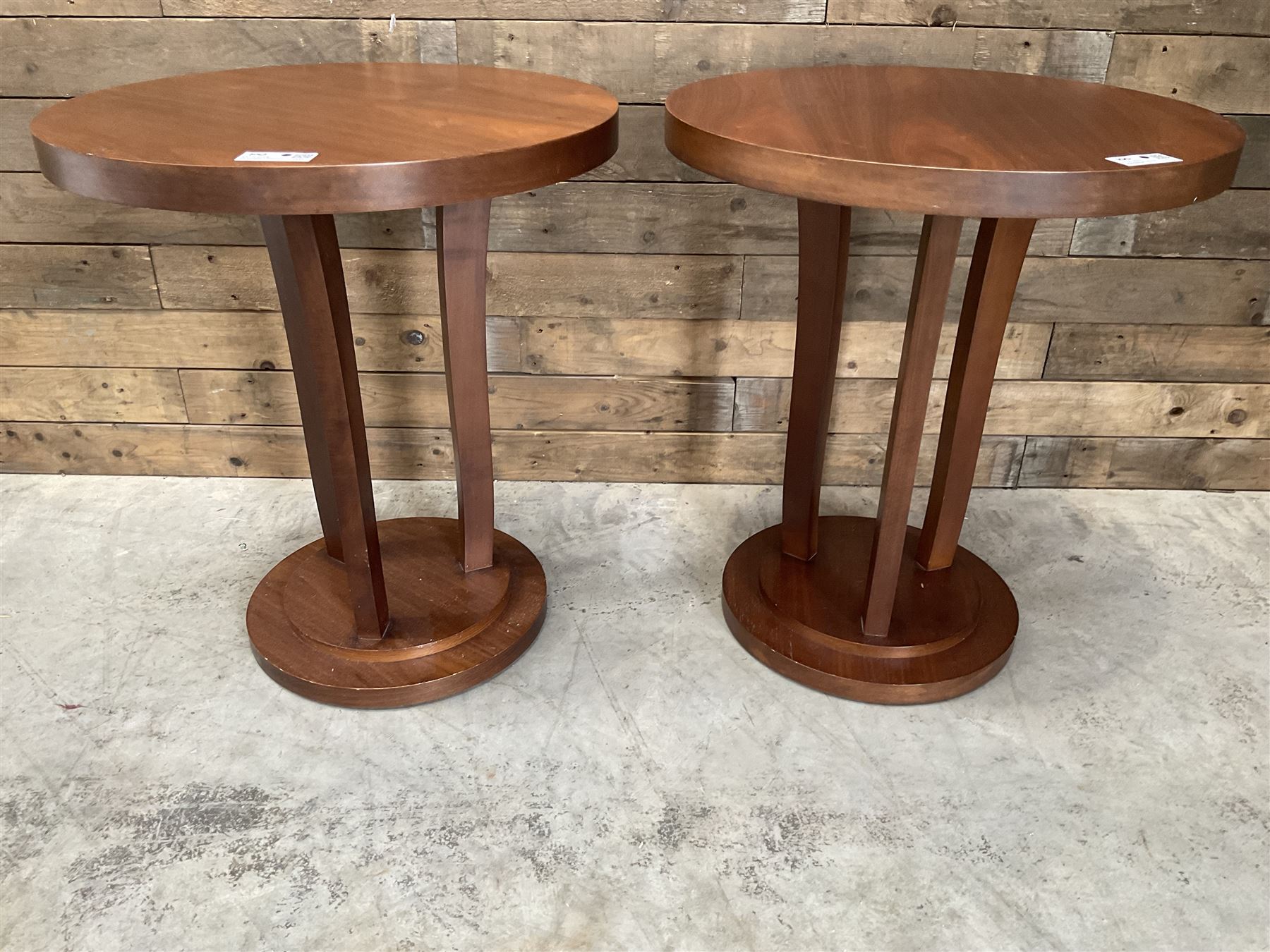 Six walnut circular bar or bedroom occasional tables