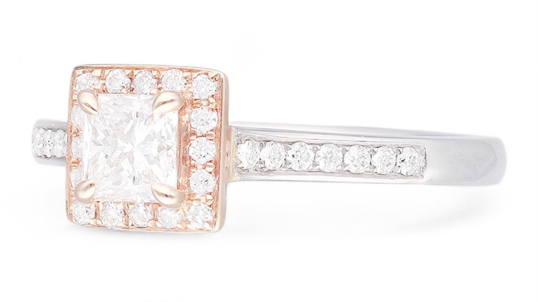 Platinum and 18ct rose gold diamond halo cluster ring, the principal princess cut diamond of 0.50 carat, with round brilliant cut diamond surround and diamond set shoulders, hallmarked, total diamond weight 0.68 carat