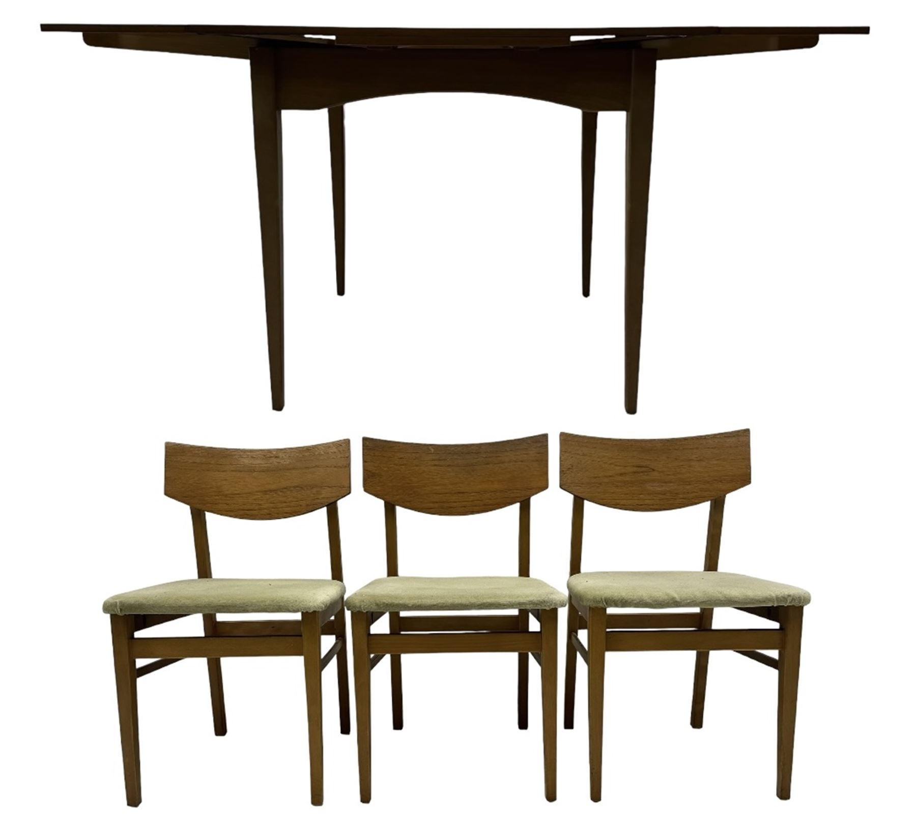 Mid-20th century teak dining table, draw-leaf action extending top, on square tapering supports (98cm - 148cm x 76cm, H75cm); and a set of three dining chairs 