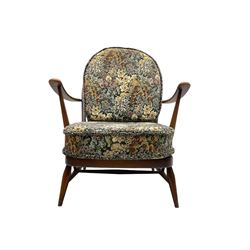 Lucian Ercolani for Ercol - mid-20th century beech and elm 'Windsor 203' two-seat sofa, wingback design upholstered in floral pattern over sprung seat and backrest, open curved arms, on splayed supports with stretchers (W133cm, D87cm, H90cm); matching easy chair (W70cm, D97cm, H82cm)