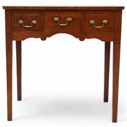 George III inlaid mahogany low-boy, shaped rectangular top with banded edge, fitted with three drawers inlaid with boxwood stringing over a shaped apron, raised on square supports with inner chamfer