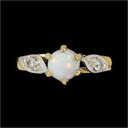 9ct gold three stone opal and cubic zirconia ring, hallmarked