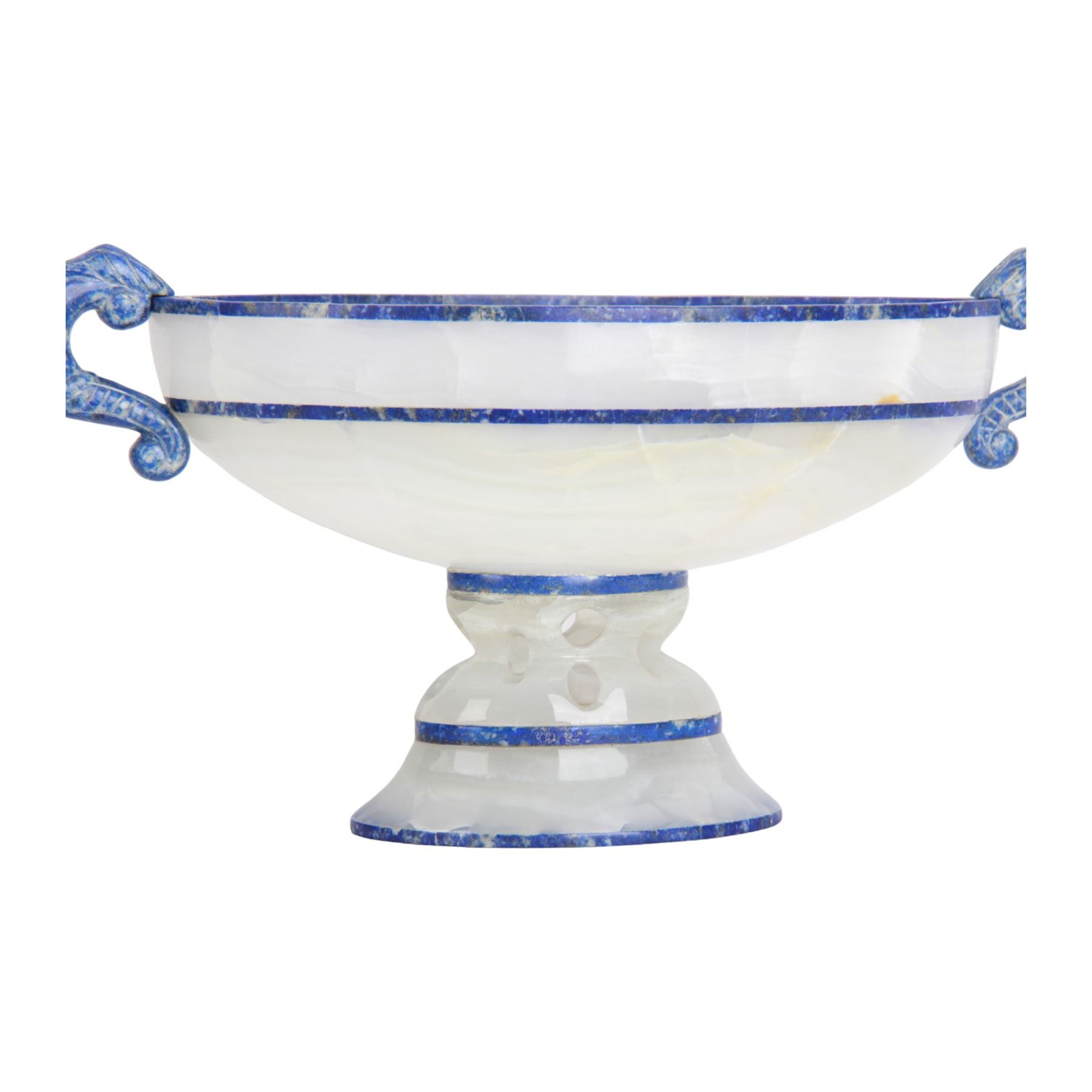 Lapis lazuli and agate twin handled pedestal bowl of navette form, the handles carved as harpies, upon a pierced oval pedestal, 19cm