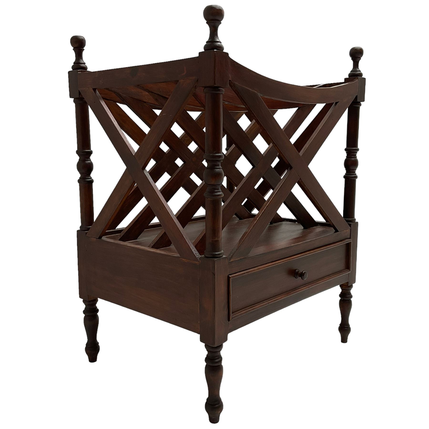 Victorian design mahogany Canterbury, four divisions with x-frame rails and turned upright supports, fitted with single drawer, on turned feet