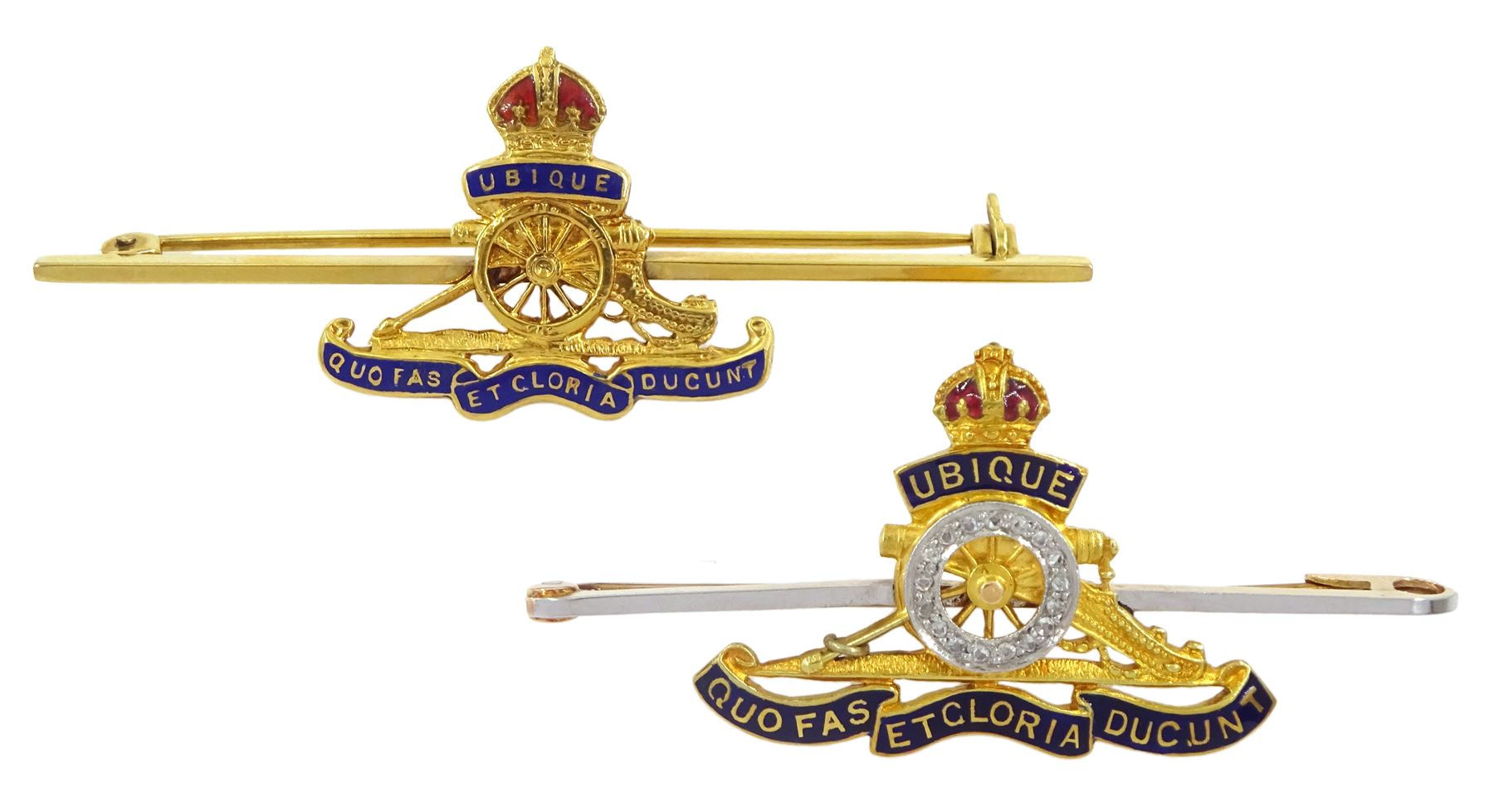 Early 20th century 15ct gold diamond set Royal Artillery brooch and one other 9ct gold Royal Artillery brooch