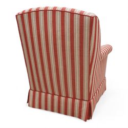 Edwardian hardwood-framed armchair, with rolled arms upholstered in red striped fabric, on square tapering front feet with brass and ceramic castors 