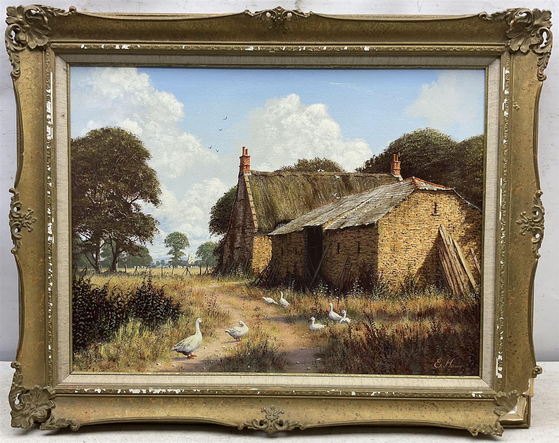 Edward Hersey (British 1948-): 'Goose Farm', oil on canvas signed, titled on gallery label verso 45cm x 60cm