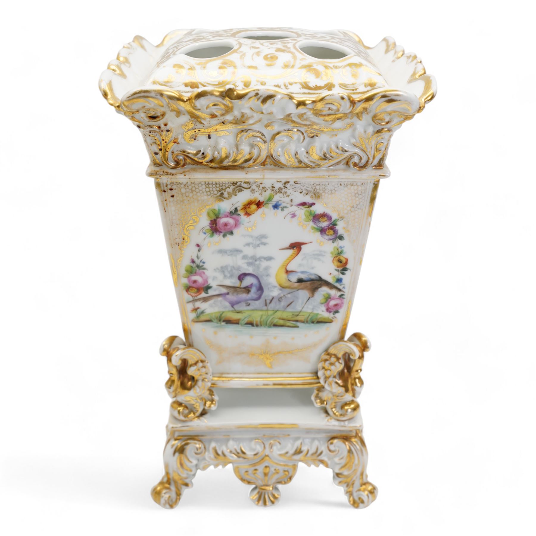 Pair of 19th century French porcelain jardinieres, in the style of Jacob Petit, each of square form, the body painted with panels of exotic birds and sprays of flowers, below a scroll and gilt moulded border, raised upon four swan feet and scroll base, unmarked, H34cm x W20cm