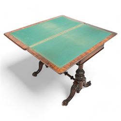 Victorian figured walnut card table, moulded rectangular fold-over swivel top with baize-l...