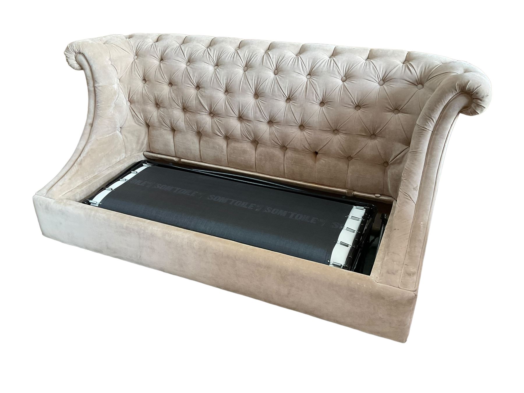 Grande wing back sofa bed, upholstered in beige buttoned fabric, metal action pull out double bed