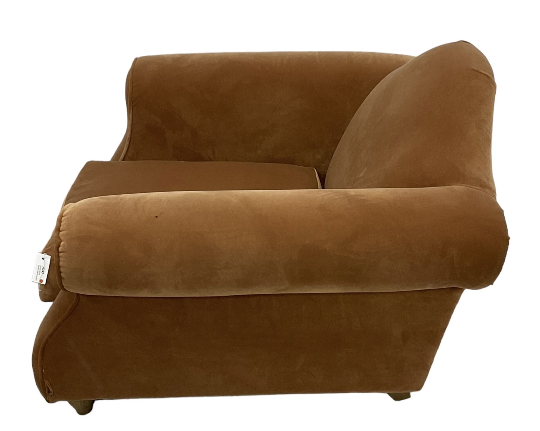 Loaf - hardwood-framed armchair, camelback and rolled arms, upholstered in rust velvet fabric, on turned oak front feet