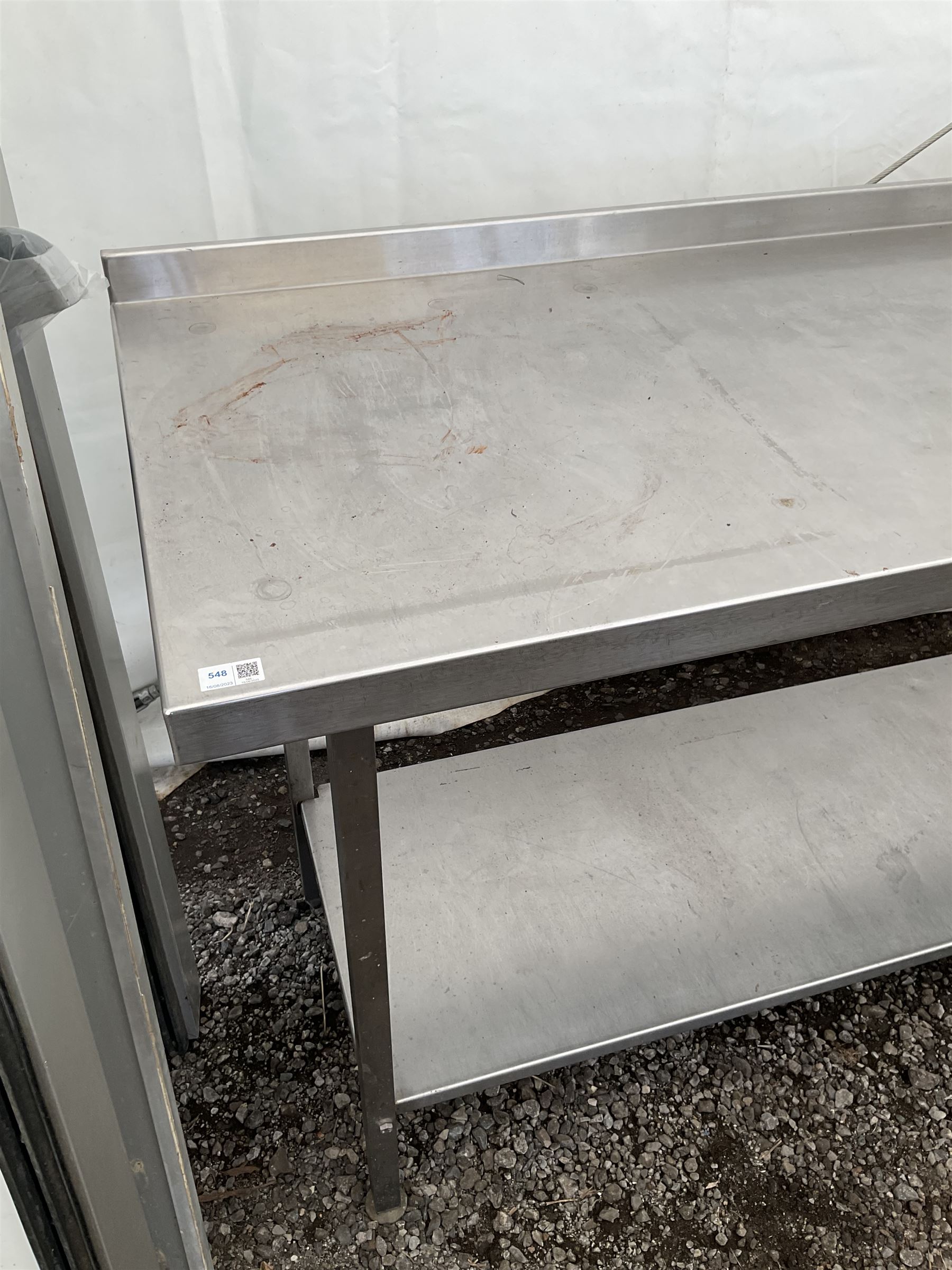 Large stainless steel two tier preparation table, raised back - THIS LOT IS TO BE COLLECTED BY APPOINTMENT FROM DUGGLEBY STORAGE, GREAT HILL, EASTFIELD, SCARBOROUGH, YO11 3TX