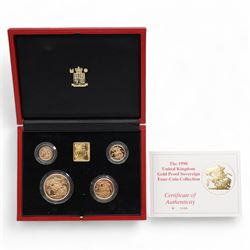 Queen Elizabeth II 1990 gold proof sovereign four coin collection, comprising half soverei...