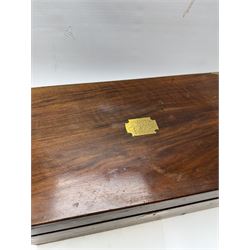 Victorian mahogany brass bound writing slope, together with a carved oak book slide, oak silver plated desk stand and a canteen box with engraved brass shield cartouche, writing slope W45cm