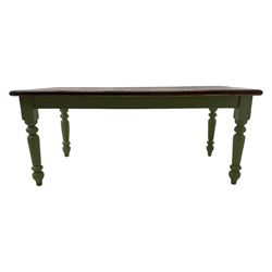 Hardwood dining table, rectangular top on laurel green painted base, fitted with turned supports 