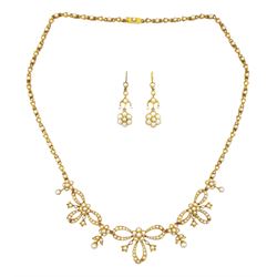 Edwardian 15ct gold split pearl bow flower head necklace, with pair of 15ct gold split pea...