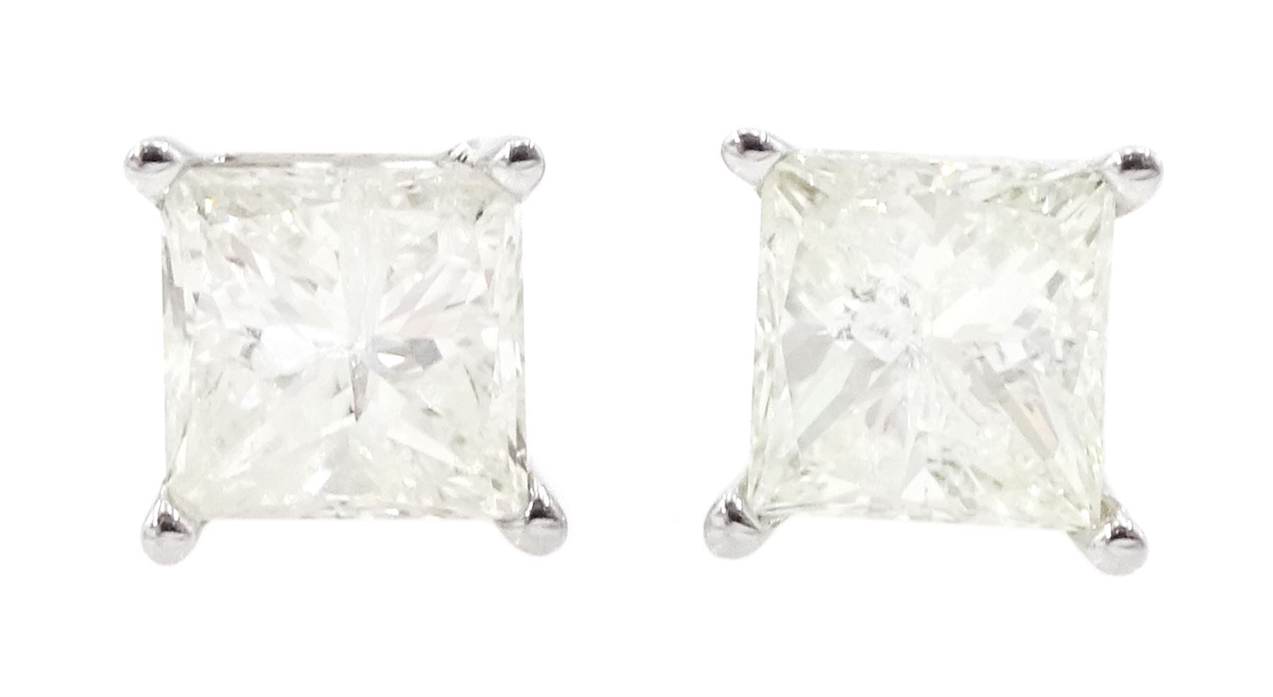 Pair of 14ct white gold princess cut diamond, screw back stud earrings, stamped 14K, total diamond weight approx 1.00 carat