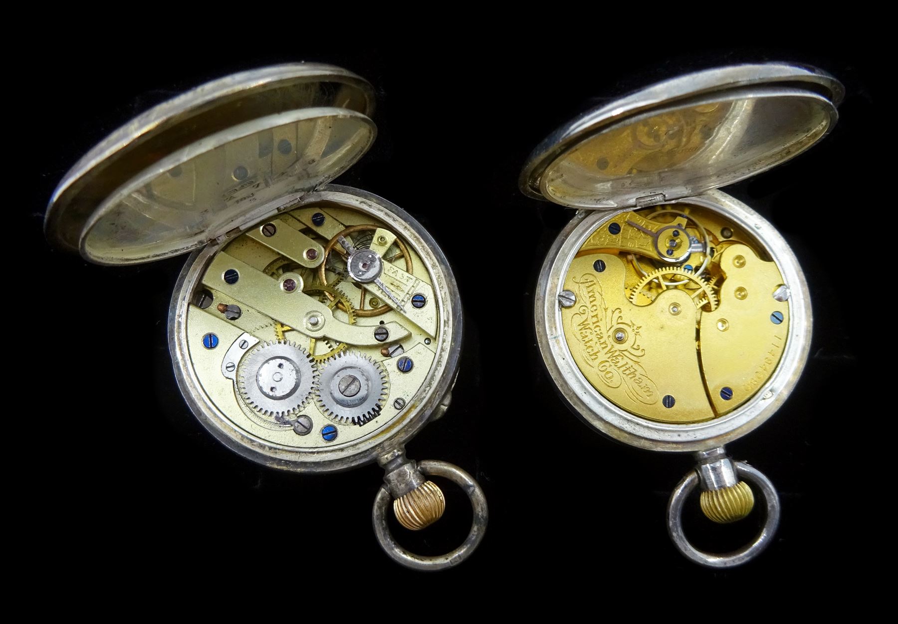 Two early 20th century 9ct gold manual wind wristwatches, hallmarked, on 9ct gold expanding straps and three silver fob watches, one by American Watch Company