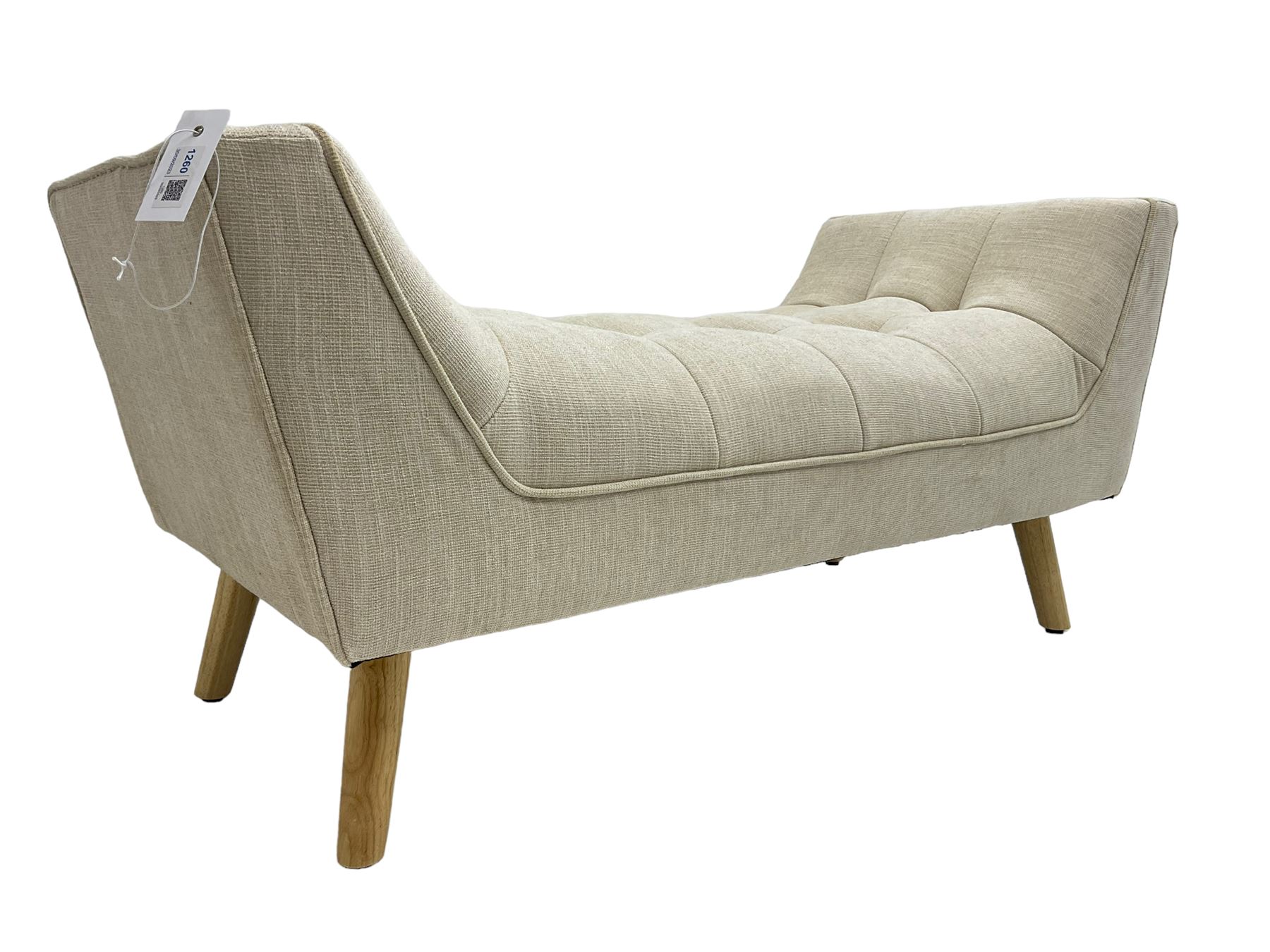 Contemporary U-shaped window or bed stool, upholstered in buttoned neutral fabric