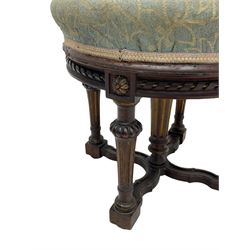 Holland & Sons (London: 1843-1942) - mid-to-late 19th century French design stool, circular form with upholstered cushioned seat in foliate pattern fabric, on lobe carved turned and fluted supports united by shaped X-framed lower stretchers 