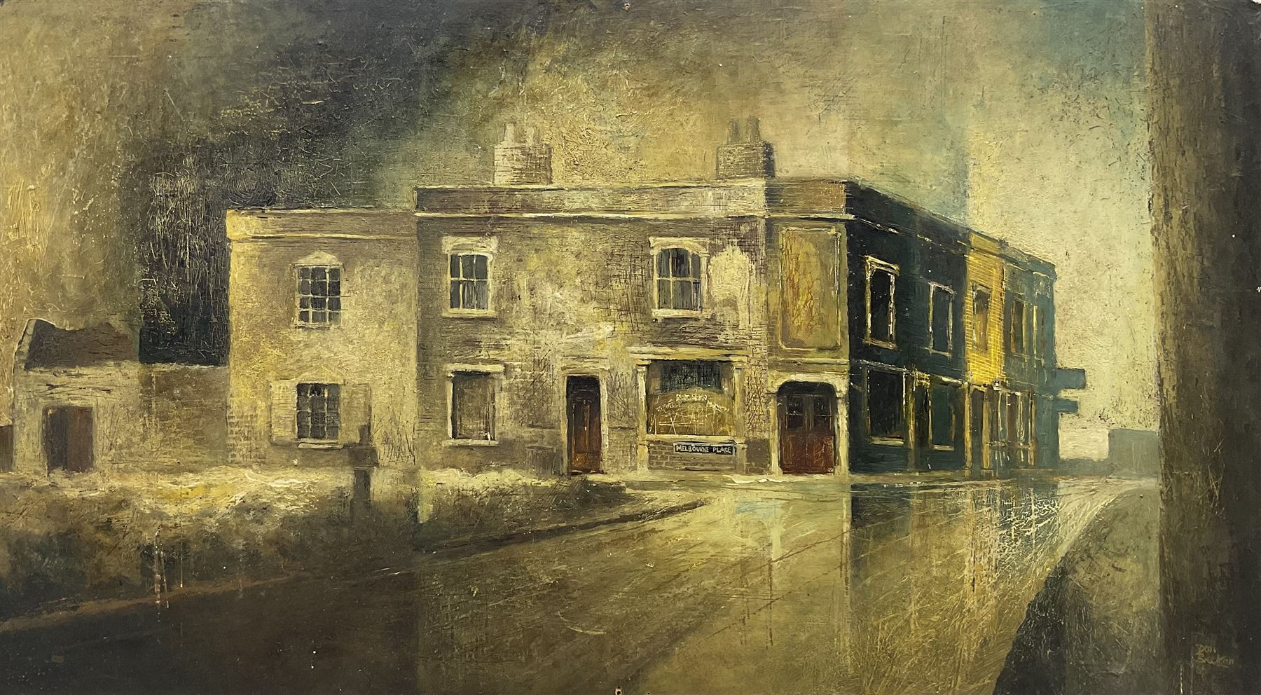 Don Breckon (British 1935-2013): 'Melbourne Place', oil on board signed and dated '65, 47cm x 85cm (unframed)