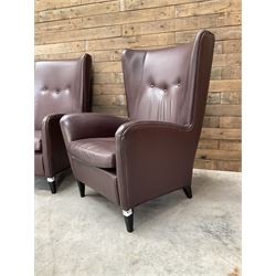 3 x Wing back armchair upholstered in cocoa brown leather