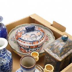 Imari pattern bowl and cover, Chinese prunus pattern vases and covers, modern Chinese mantle clock etc