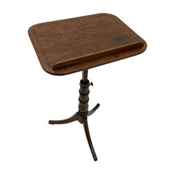 Regency mahogany reading stand, rectangular top with rounded corners on adjustable hinged mechanism, collar turned column on three out-splayed supports, inlaid with ebony stringing 