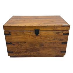 Hardwood and metal bound chest, enclosed by hinged lid, fitted with metal carrying handles