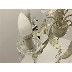 Single five branched chandelier with leaf and droplets detail H39cm, along with five white pleated lampshades