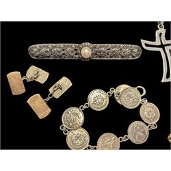 Silver and costume jewellery, including stone set rings, cross necklace, cufflinks, marcasite pearl brooch etc